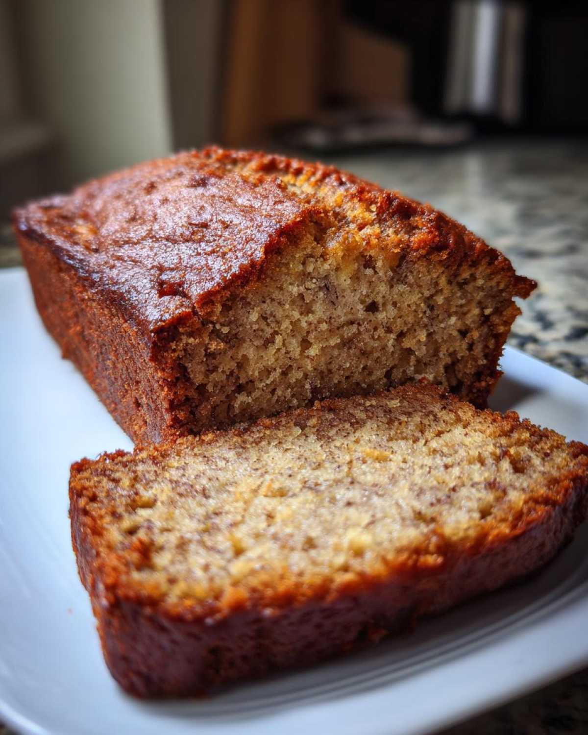 Close-up of a freshly baked sugar free banana bread loaf, with one thick slice cut and resting against the main loaf on a white plate.
