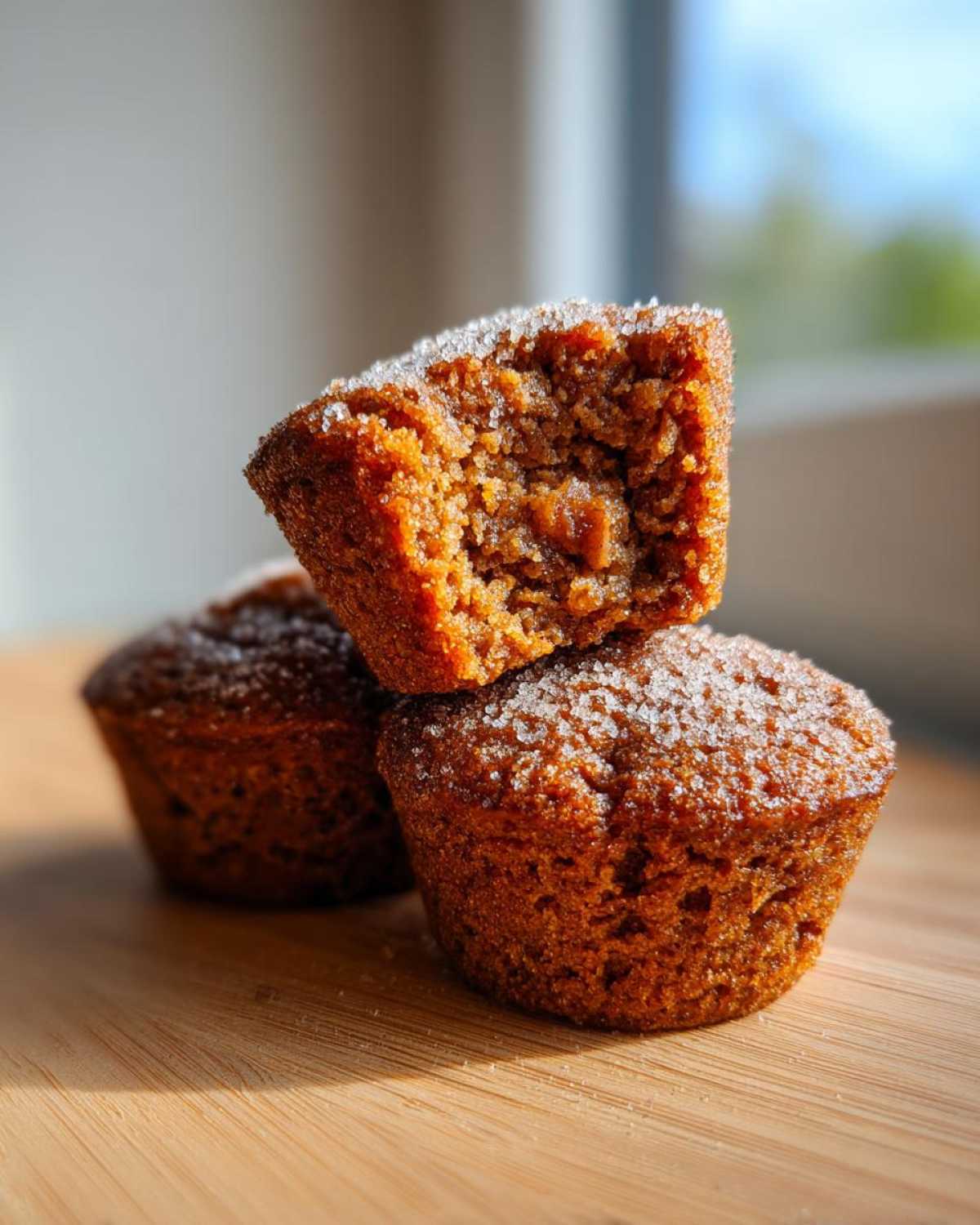Three moist bran muffins stacked on a wooden surface, with the top one broken open to show the texture.