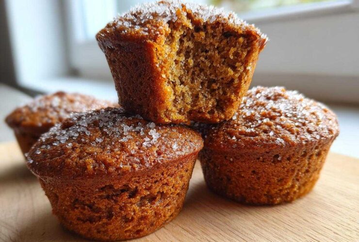 A stack of moist, brown bran muffins topped with coarse sugar crystals, one muffin is broken open.