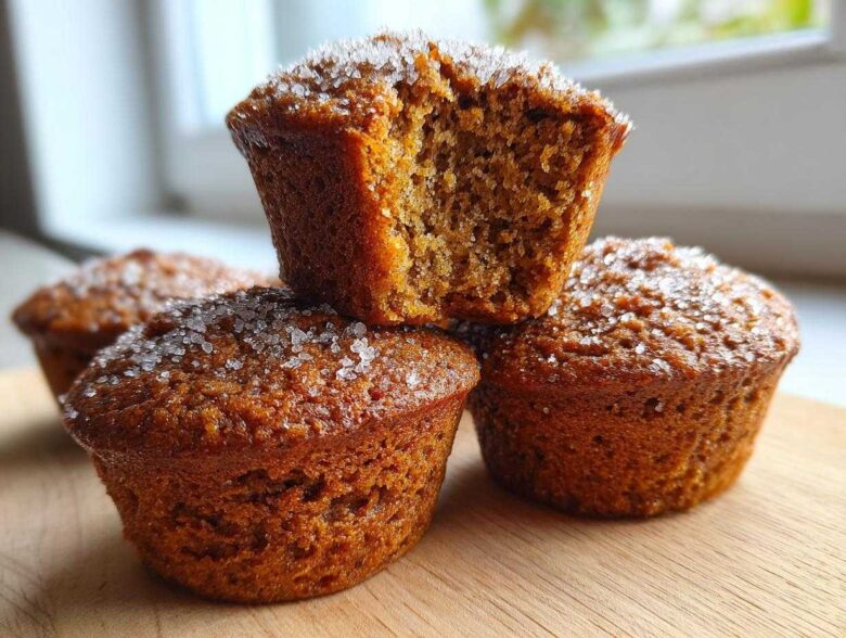 A stack of moist, brown bran muffins topped with coarse sugar crystals, one muffin is broken open.