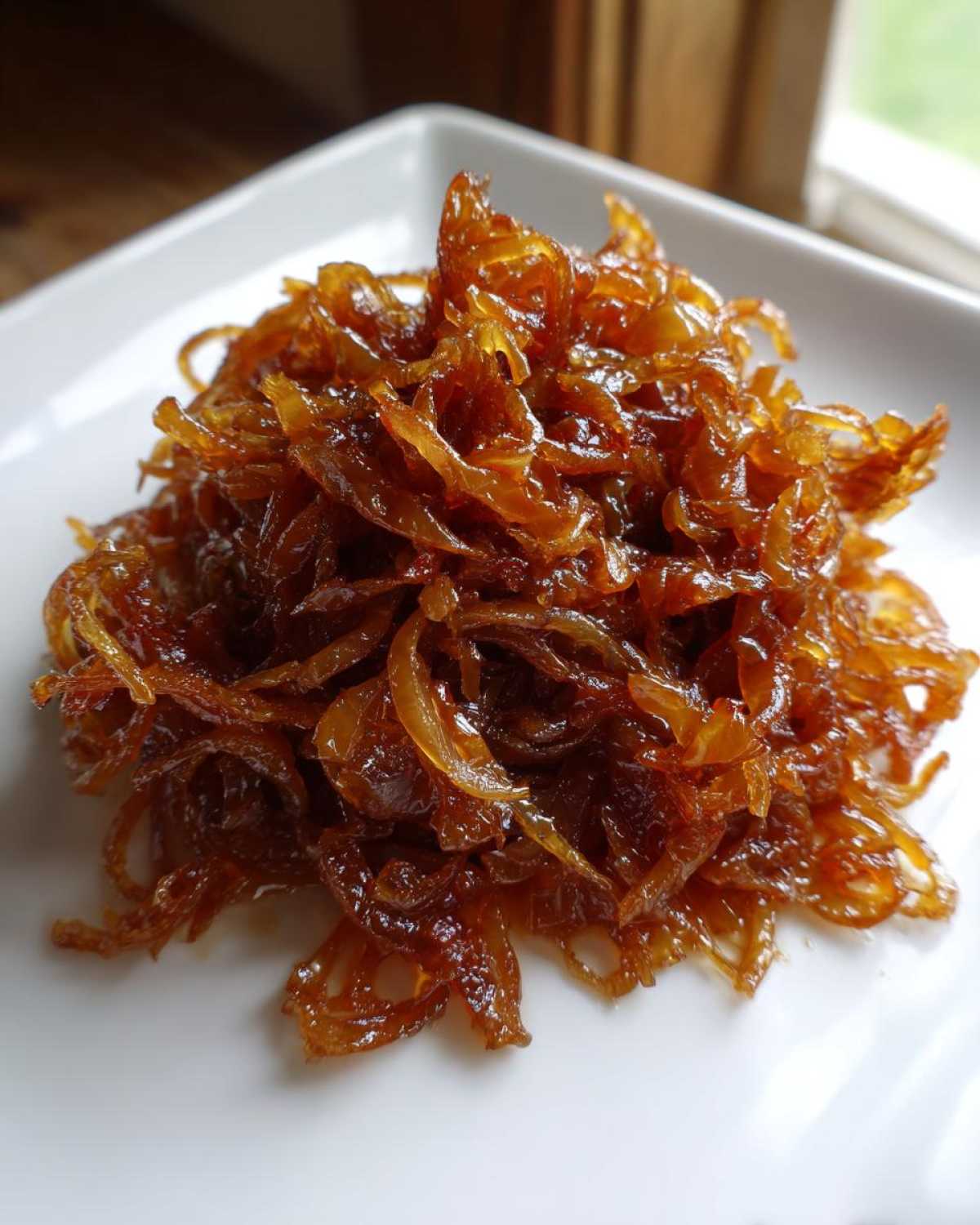 A close-up of a mound of deeply browned, glossy caramelized onions served on a square white plate.