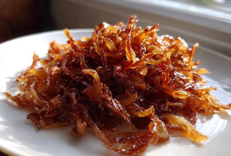 A close-up of a mound of deeply browned, glossy caramelized onions on a white plate.