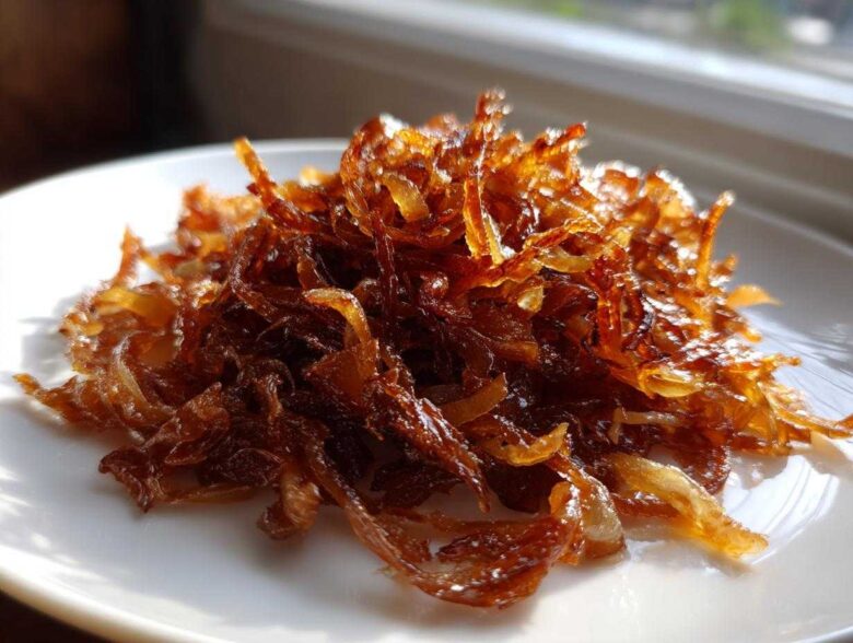 A close-up of a mound of deeply browned, glossy caramelized onions on a white plate.
