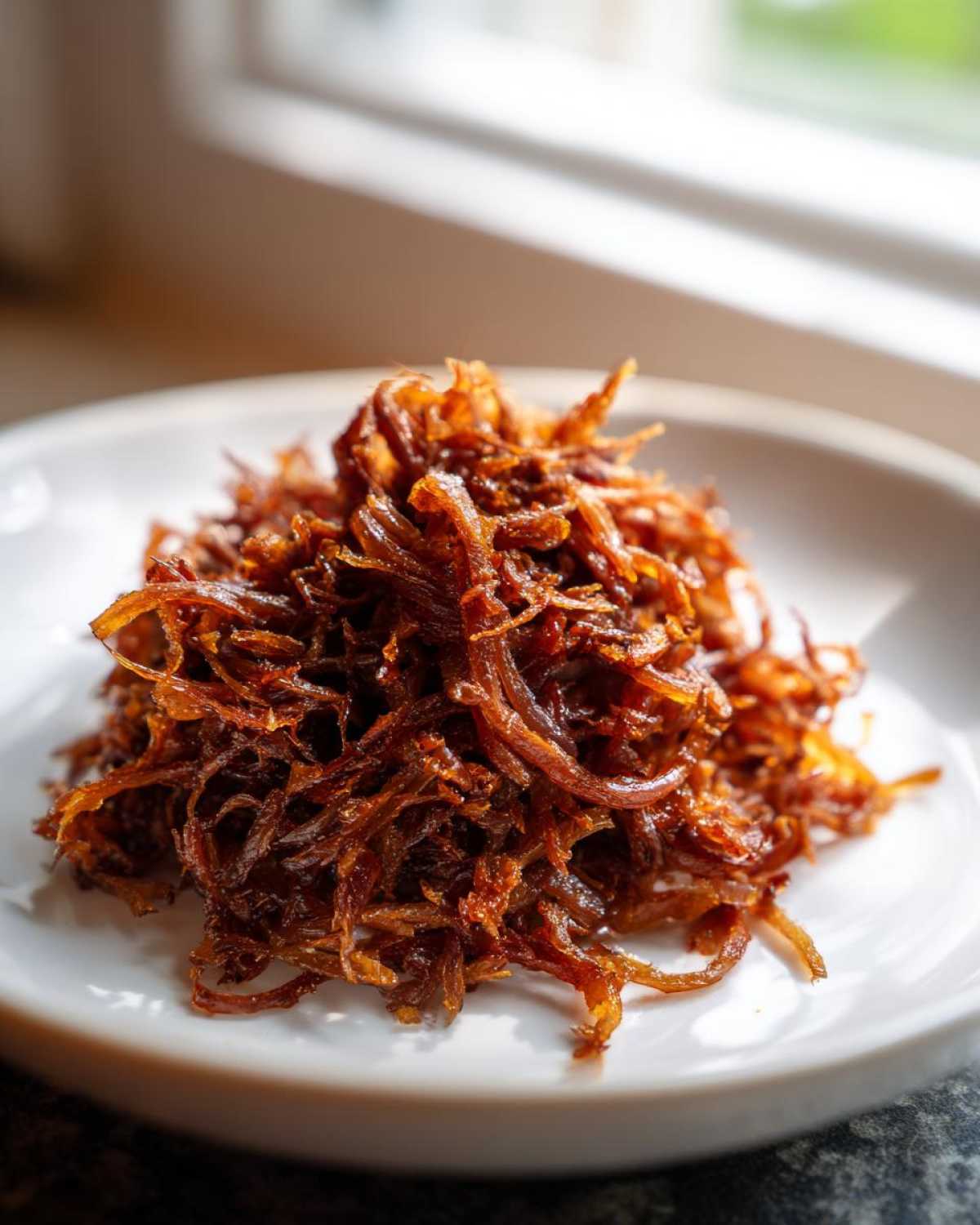 Close-up of a mound of deeply browned, sweet caramelized onions served on a white plate.