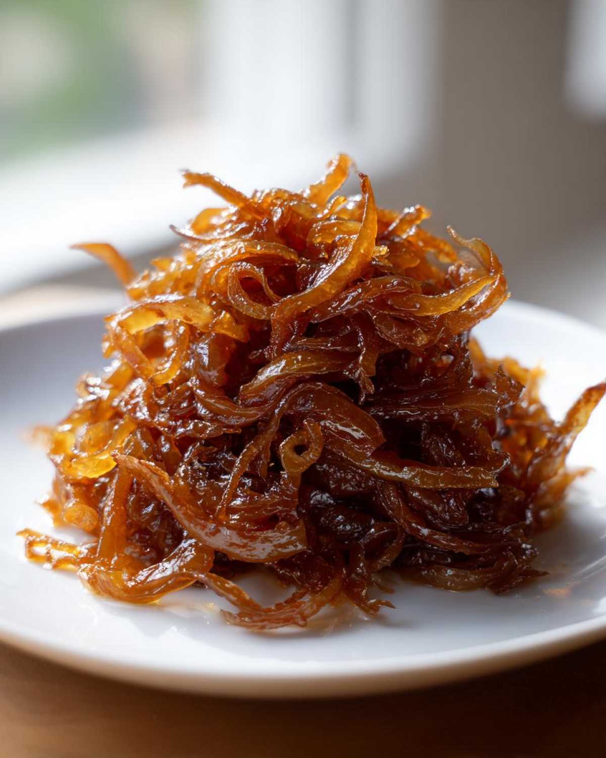 A close-up of a mound of deeply brown, glossy caramelized onions served on a white plate.