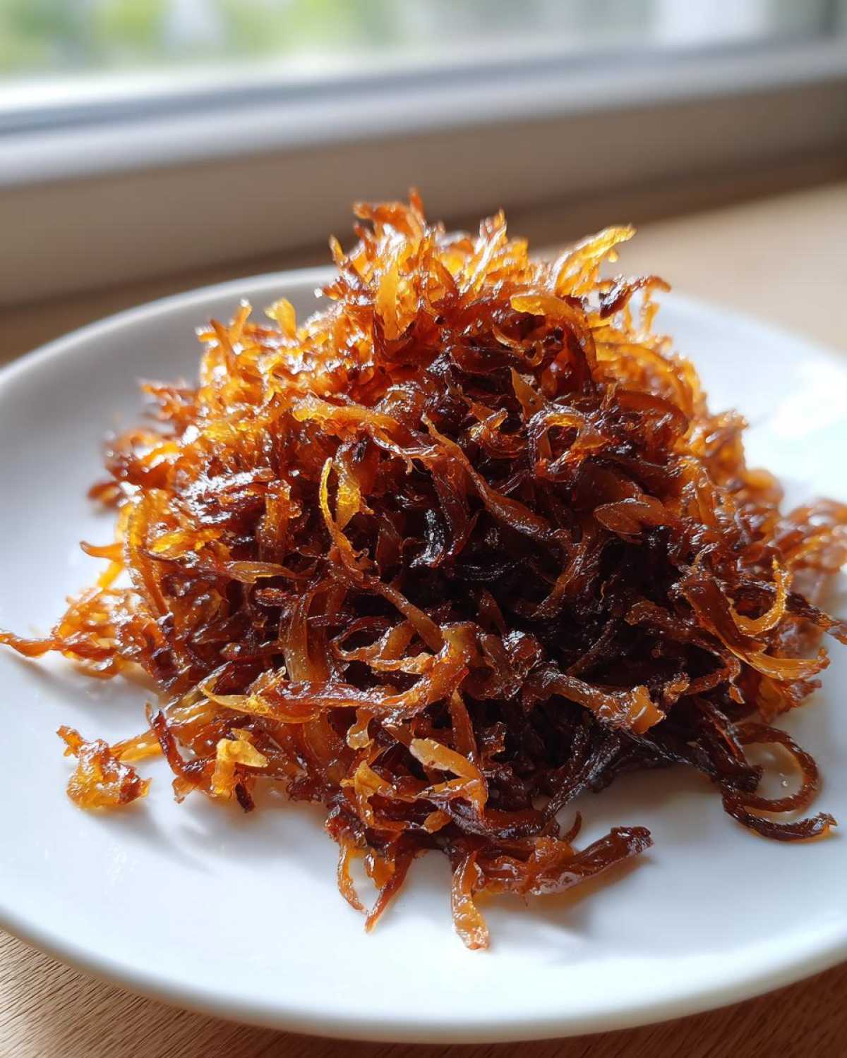 A close-up of a mound of deeply browned, sweet caramelized onions piled on a white plate.