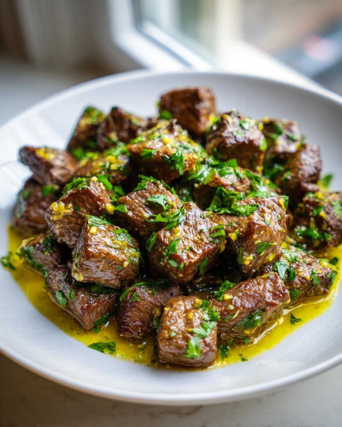 Close-up of tender crockpot steak bites coated in garlic butter sauce and fresh parsley.