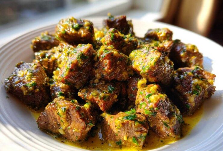 Close-up of tender, cubed crockpot steak pieces coated in a rich, yellow garlic butter sauce with visible green herbs.