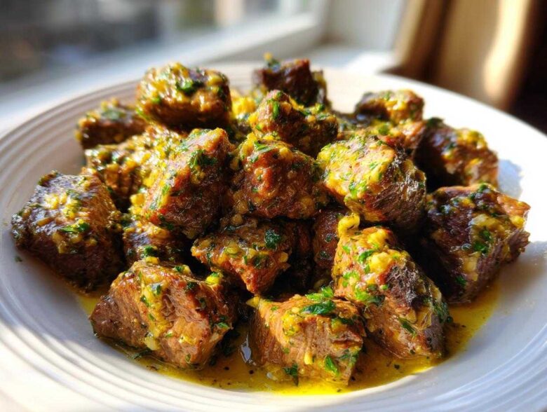 Close-up of tender, cubed crockpot steak pieces coated in a rich, yellow garlic butter sauce with visible green herbs.