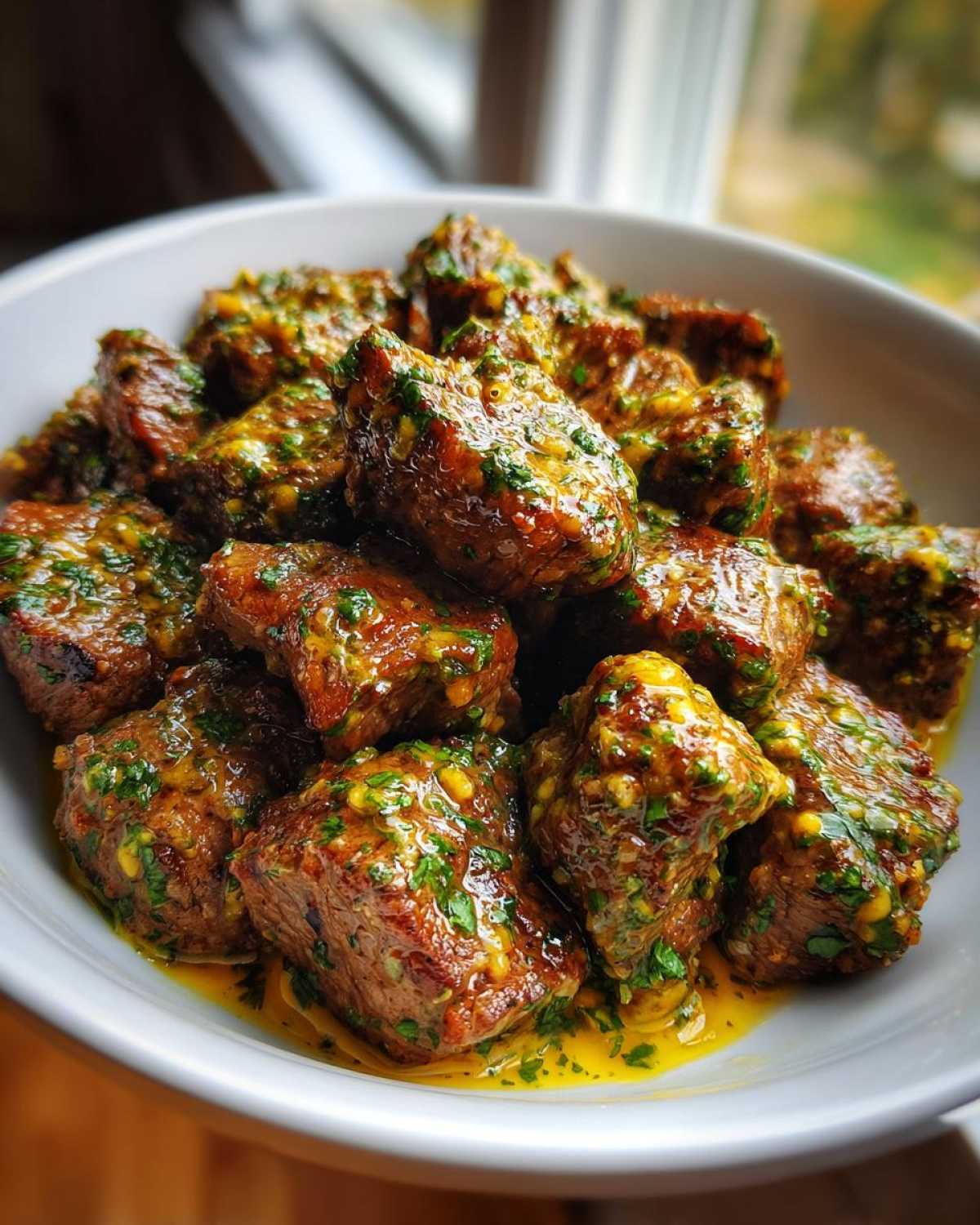 Close-up of tender crockpot steak bites coated in a bright yellow, herb-flecked sauce in a white bowl.