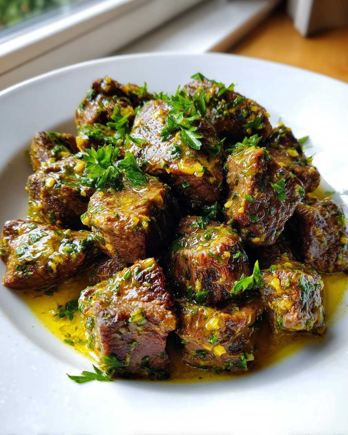 Close-up of tender cubes of crockpot steak coated in a rich, yellow herb sauce and garnished with fresh parsley.