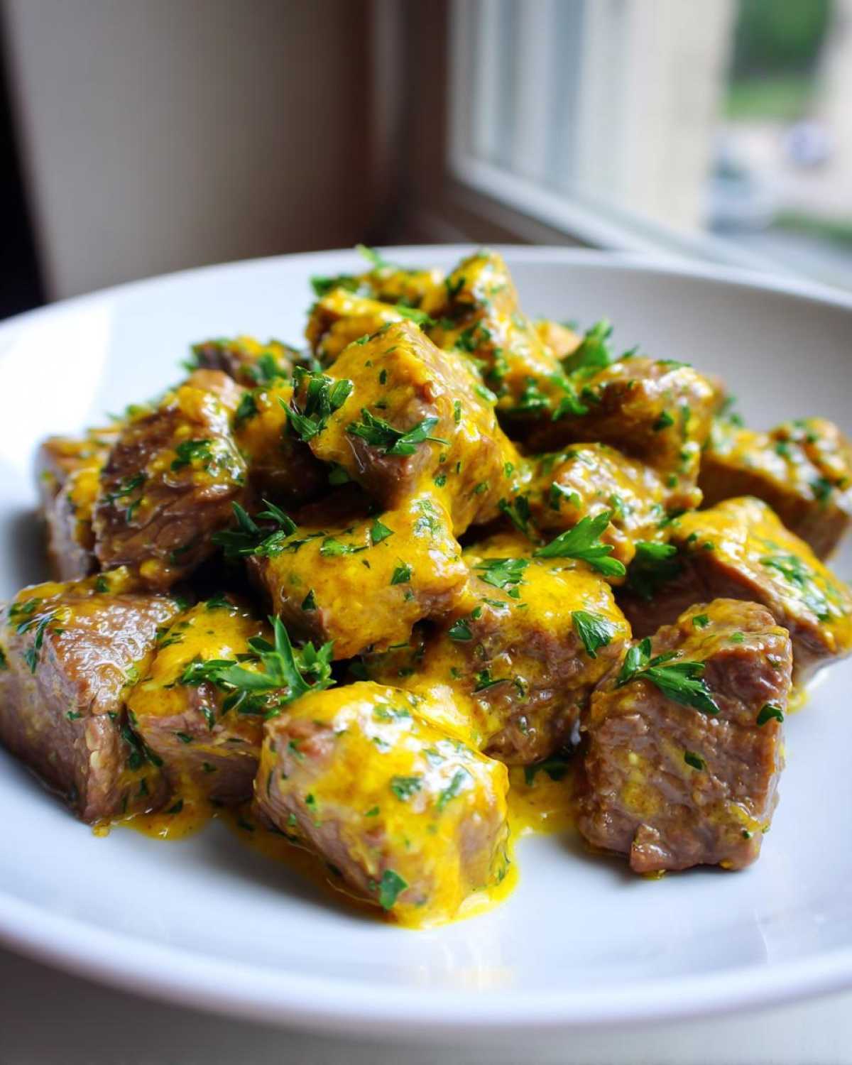 Close-up of tender crockpot steak cubes covered in a rich, yellow sauce and fresh parsley garnish.