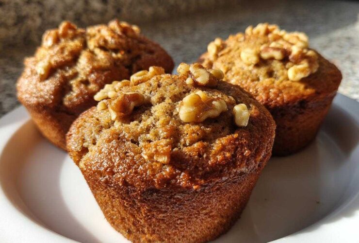 Three freshly baked banana nut muffins, golden brown and topped with crunchy walnuts, sitting on a white plate.