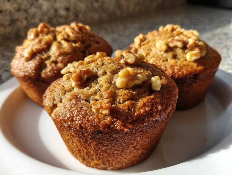 Three freshly baked banana nut muffins, golden brown and topped with crunchy walnuts, sitting on a white plate.