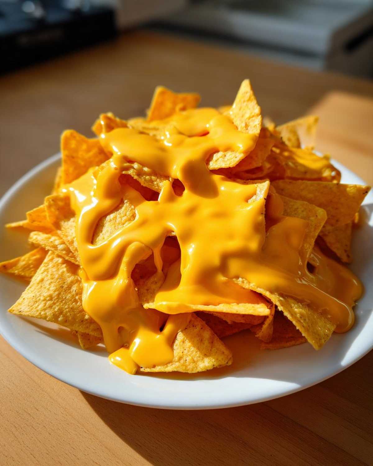 A plate of tortilla chips generously covered in bright, smooth nacho cheese sauce.