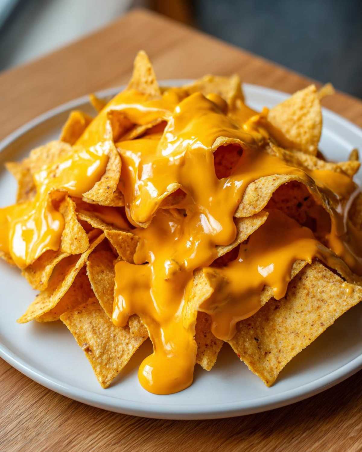 Close-up of tortilla chips piled high on a white plate, generously covered with bright orange nacho cheese sauce.