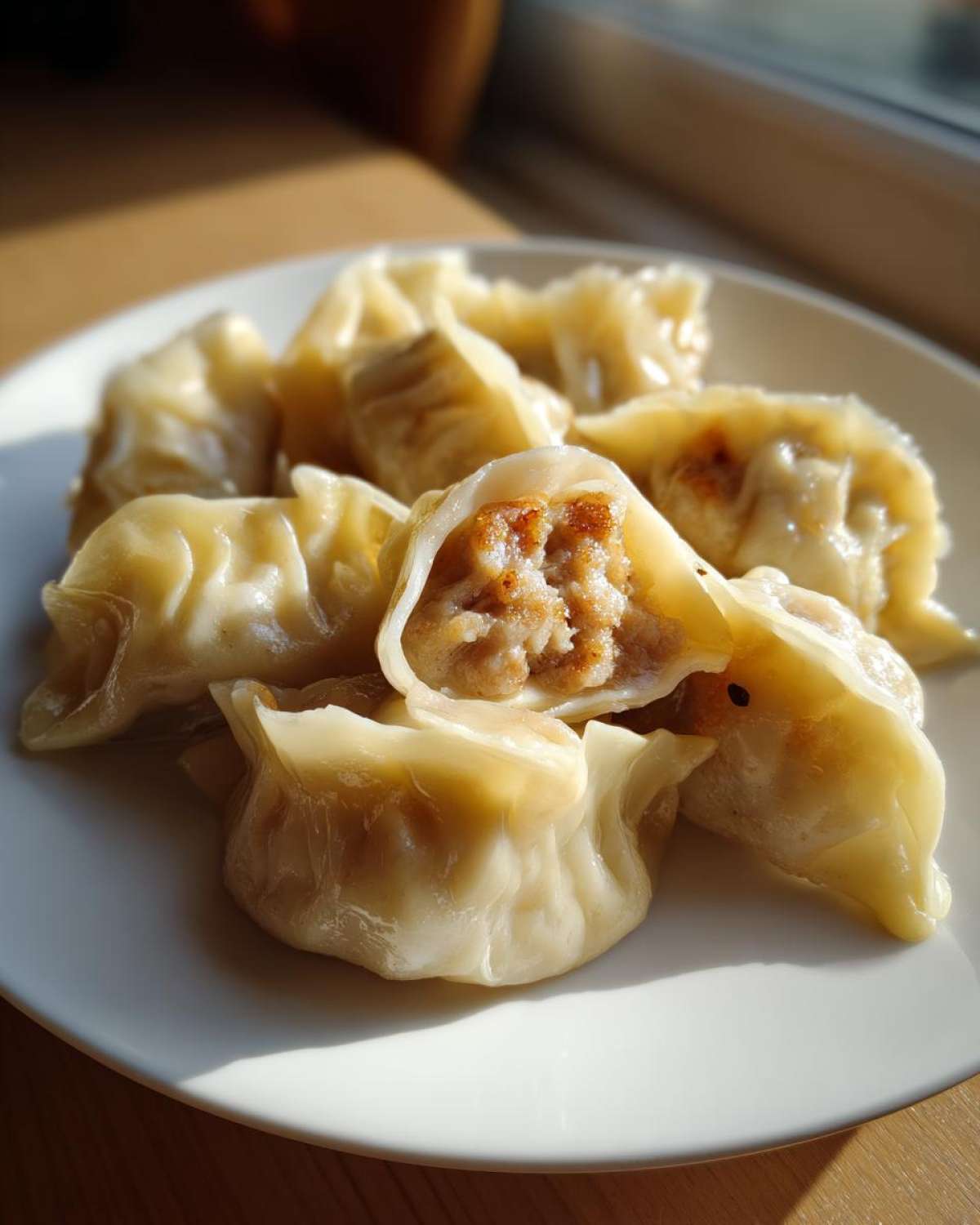 A plate of steamed Traditional Chinese Dumplings, with one dumpling cut open to show the savory meat filling.