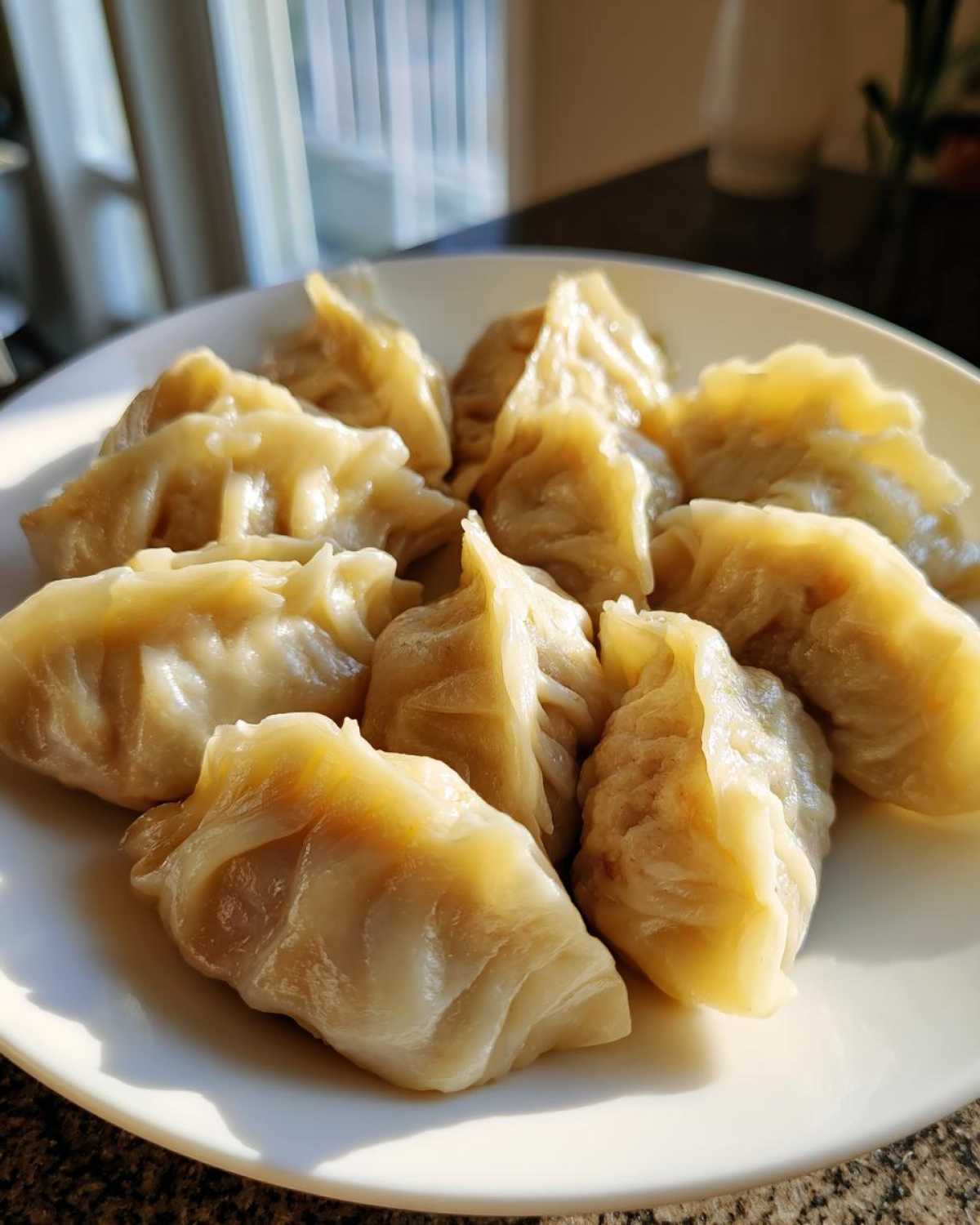 Close-up of several steamed Traditional Chinese Dumplings arranged on a white plate, catching the sunlight.