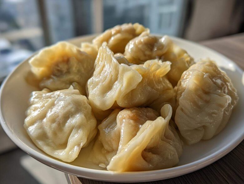 A close-up of several freshly steamed Traditional Chinese Dumplings piled high on a white plate.