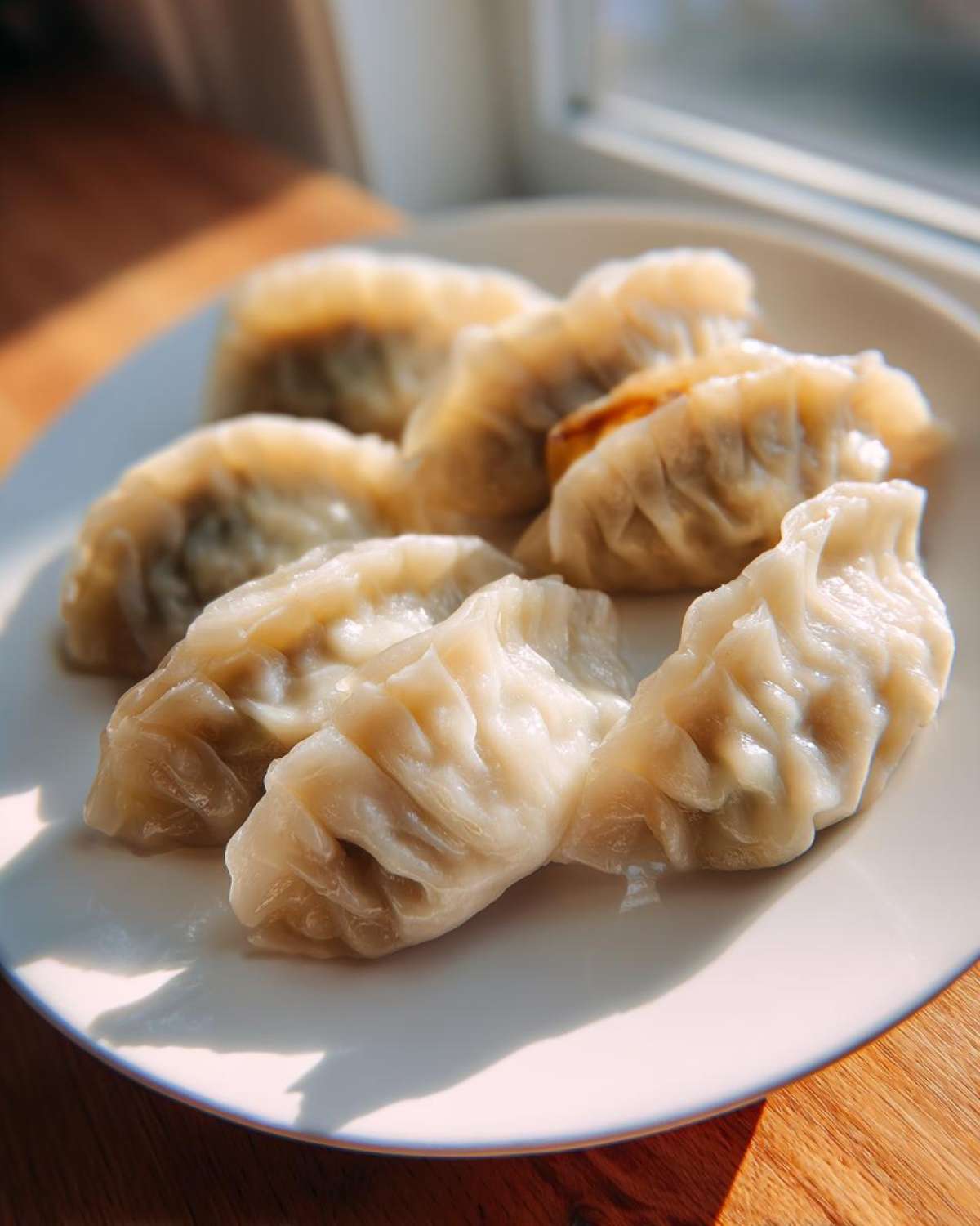 Close-up of several freshly steamed Traditional Chinese Dumplings arranged on a white plate near a window.
