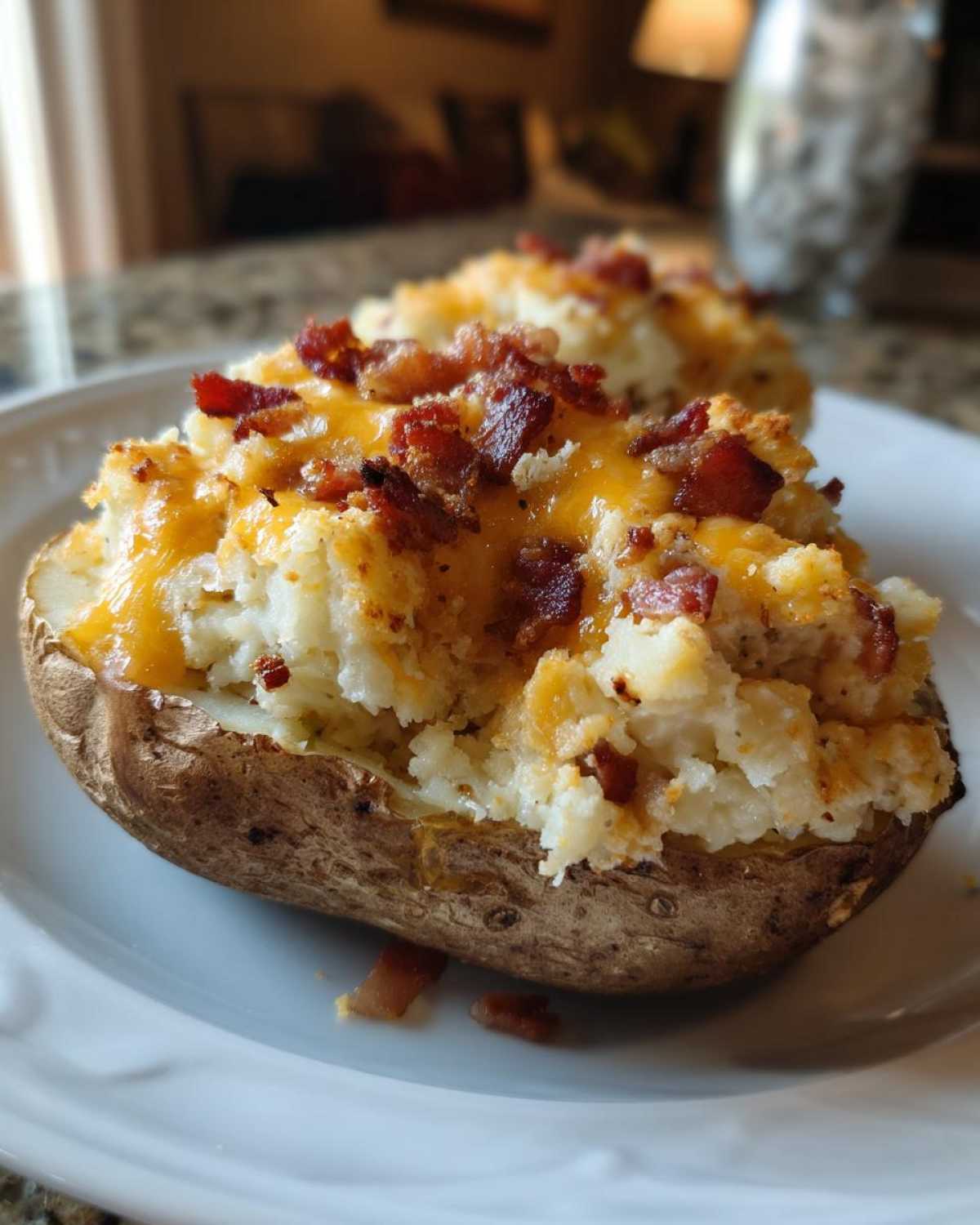 A close-up of a delicious twice baked potato stuffed with creamy filling, topped with melted cheddar cheese and crispy bacon bits.