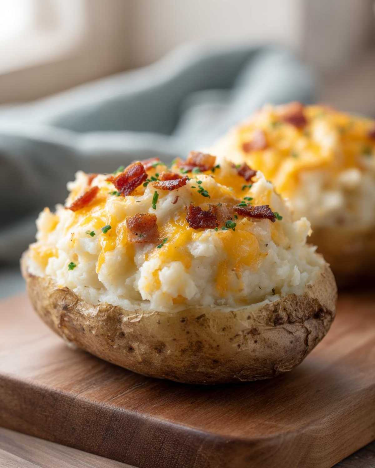 Close-up of a delicious twice baked potato stuffed with creamy filling, topped with melted cheddar and bacon bits.