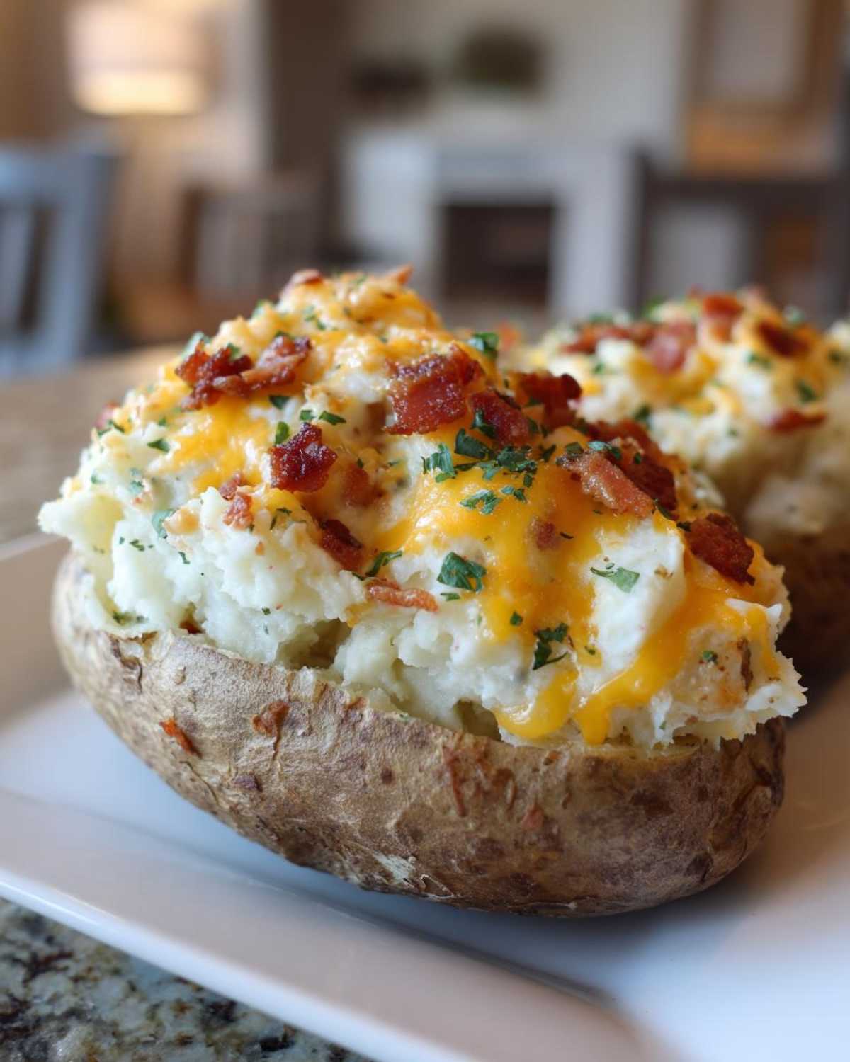 A close-up of a perfectly prepared twice baked potato stuffed with creamy filling, topped with melted cheddar cheese, bacon bits, and parsley.