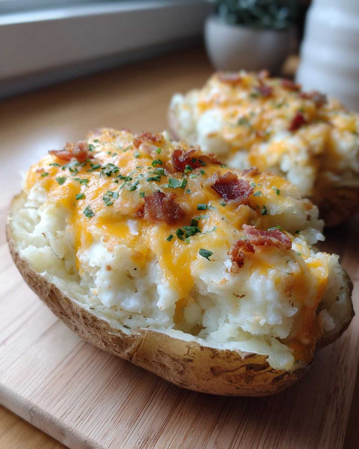 A close-up of a perfectly prepared twice baked potato, loaded with mashed potato filling, melted cheddar cheese, bacon bits, and chives.