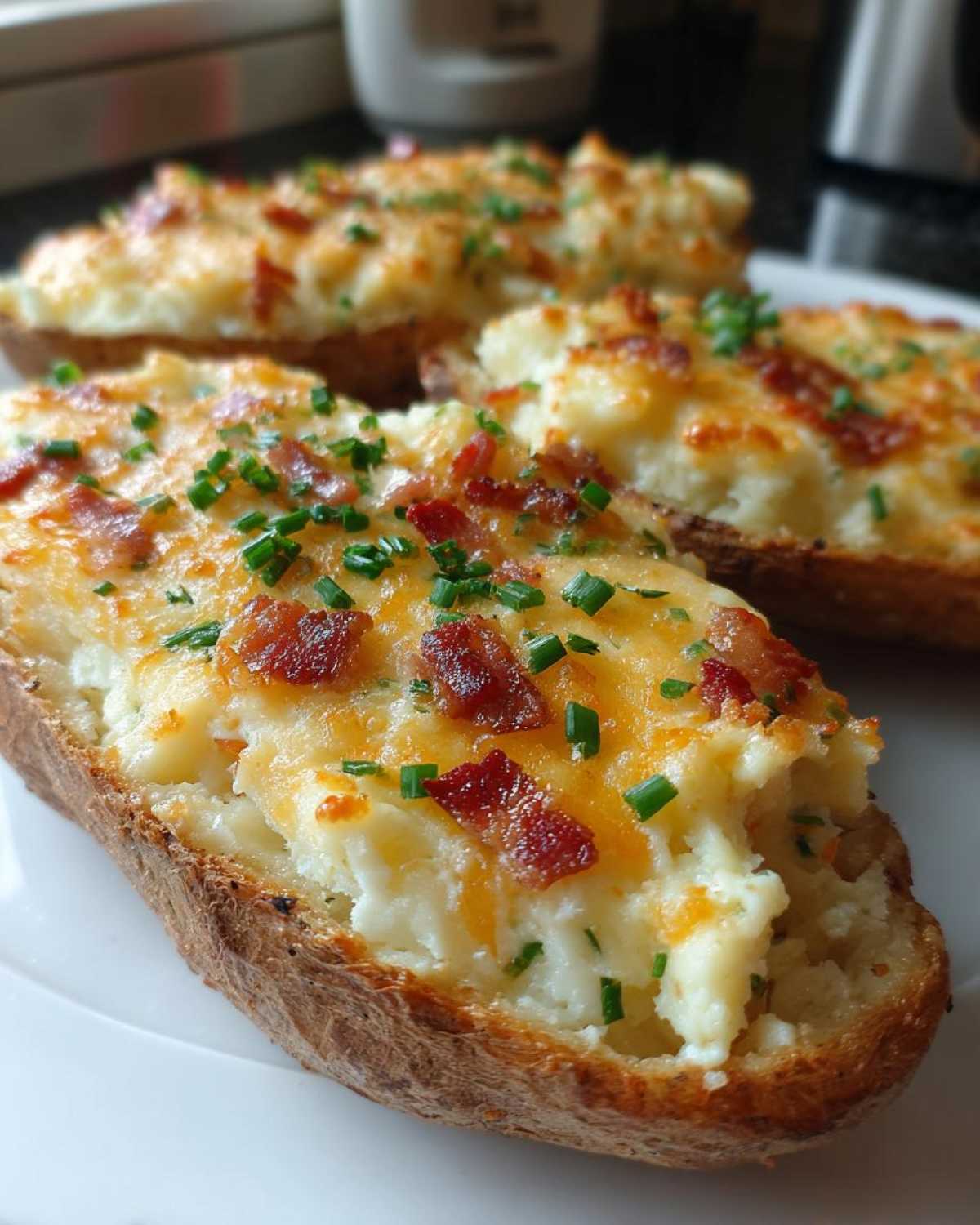 Three halves of twice-baked potatoes filled with creamy mash, topped with melted cheddar cheese, crispy bacon bits, and fresh chives.