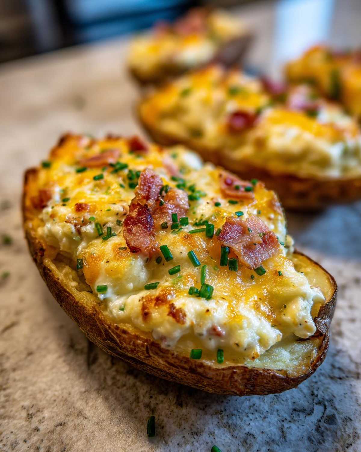 A close-up of a perfectly baked twice-baked potato loaded with creamy filling, melted cheese, bacon bits, and chives.