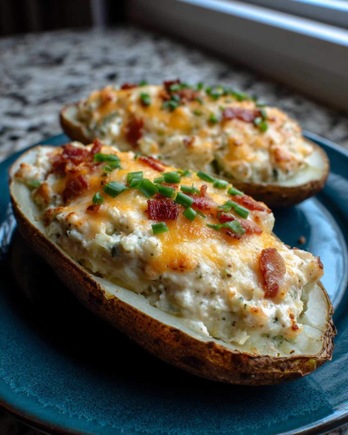 Two servings of amazing twice-baked potatoes stuffed with creamy filling, melted cheddar, bacon, and chives.