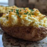 A close-up of a perfectly prepared twice baked potatoes, generously filled with creamy mash, melted cheddar cheese, and topped with fresh chives.