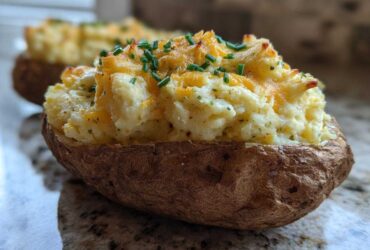 A close-up of a perfectly prepared twice baked potatoes, generously filled with creamy mash, melted cheddar cheese, and topped with fresh chives.