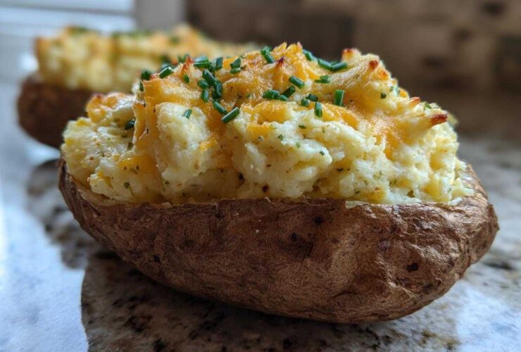 A close-up of a perfectly prepared twice baked potatoes, generously filled with creamy mash, melted cheddar cheese, and topped with fresh chives.