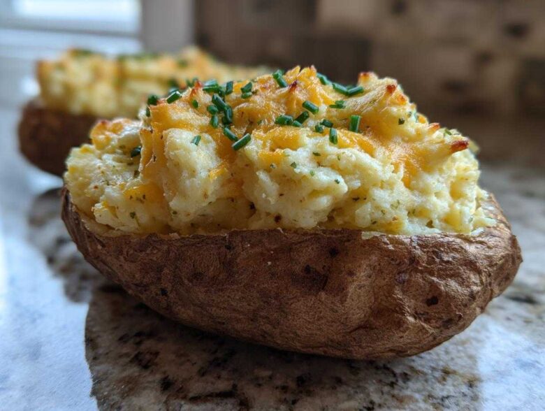 A close-up of a perfectly prepared twice baked potatoes, generously filled with creamy mash, melted cheddar cheese, and topped with fresh chives.