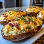 Close-up of a perfectly prepared twice-baked potato stuffed with creamy filling, topped with melted cheddar, bacon bits, and chives.
