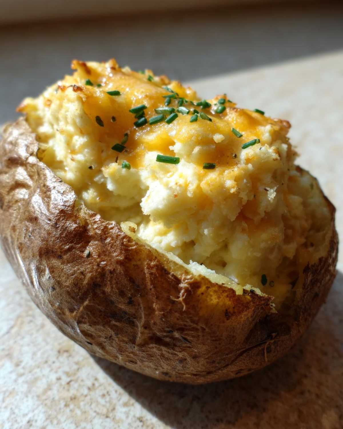 Close-up of a perfectly prepared twice baked potatoes, stuffed with creamy filling, topped with melted cheese and fresh chives.