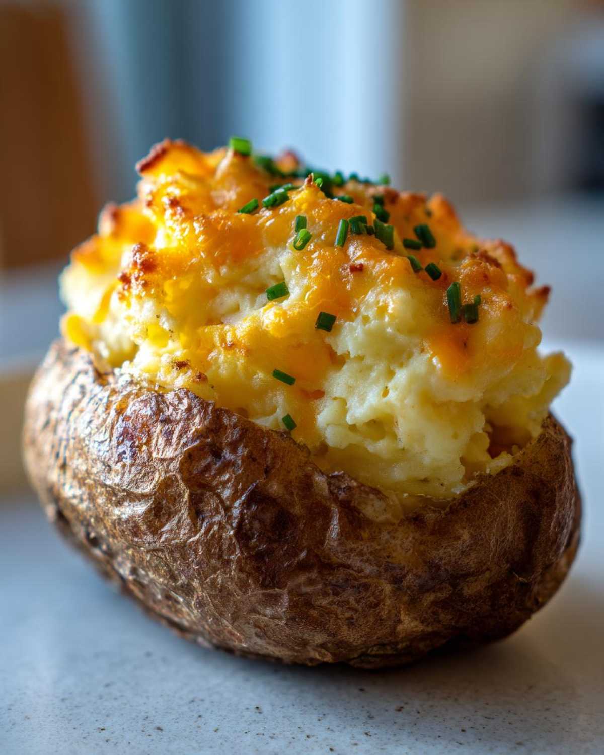 Close-up of a golden brown twice baked potatoes stuffed with cheesy filling and topped with fresh chives.