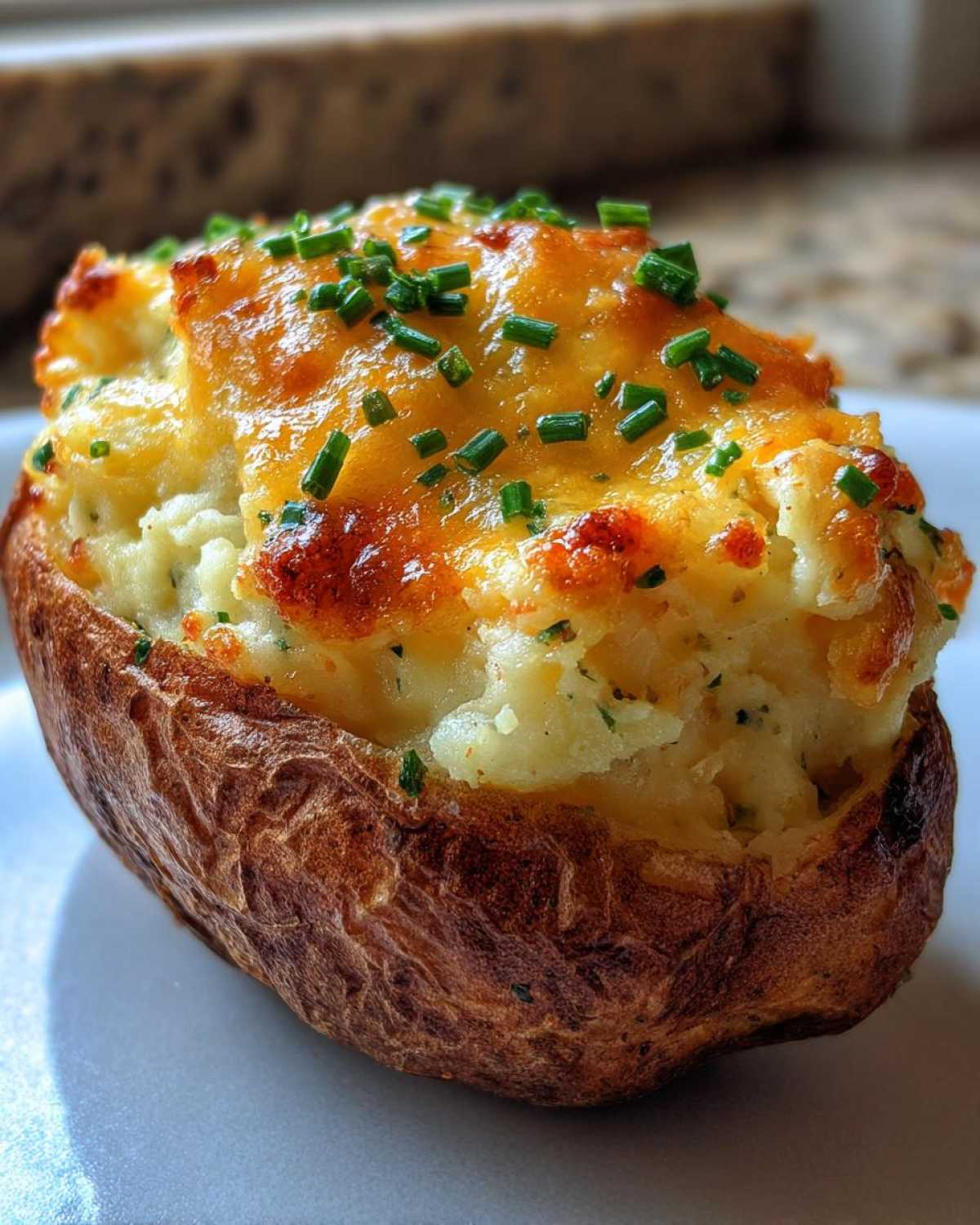 Close-up of a golden brown twice baked potatoes, stuffed with creamy filling, melted cheddar cheese, and topped with fresh chives.