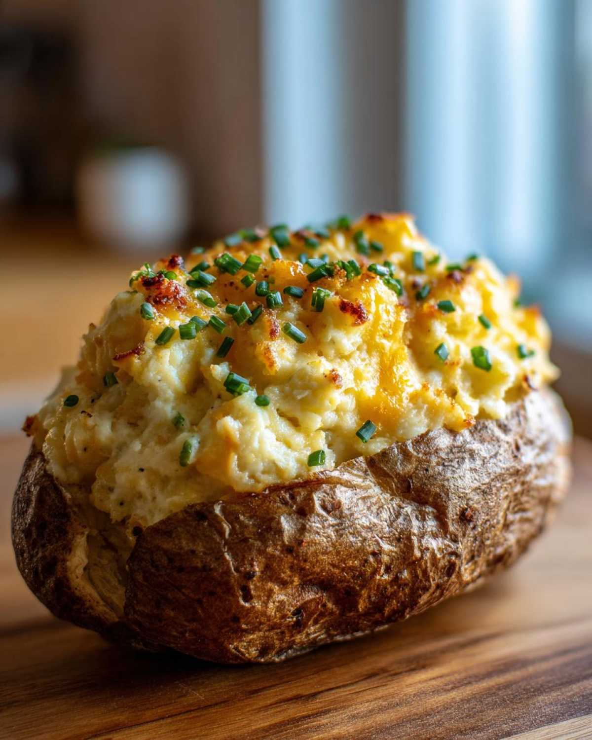 Close-up of a golden brown twice baked potatoes, generously filled with creamy mashed potato mixture and topped with melted cheese and fresh chives.