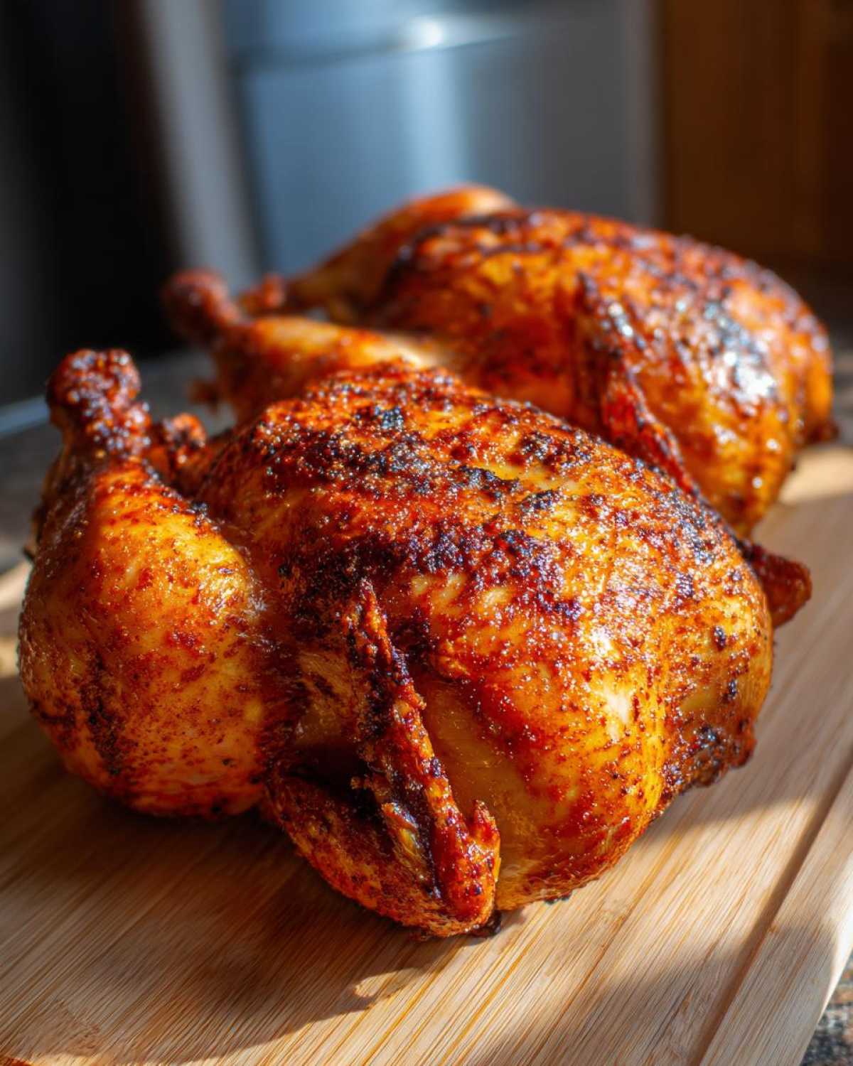 Two perfectly cooked, crispy-skinned air fryer whole chicken resting on a wooden cutting board.
