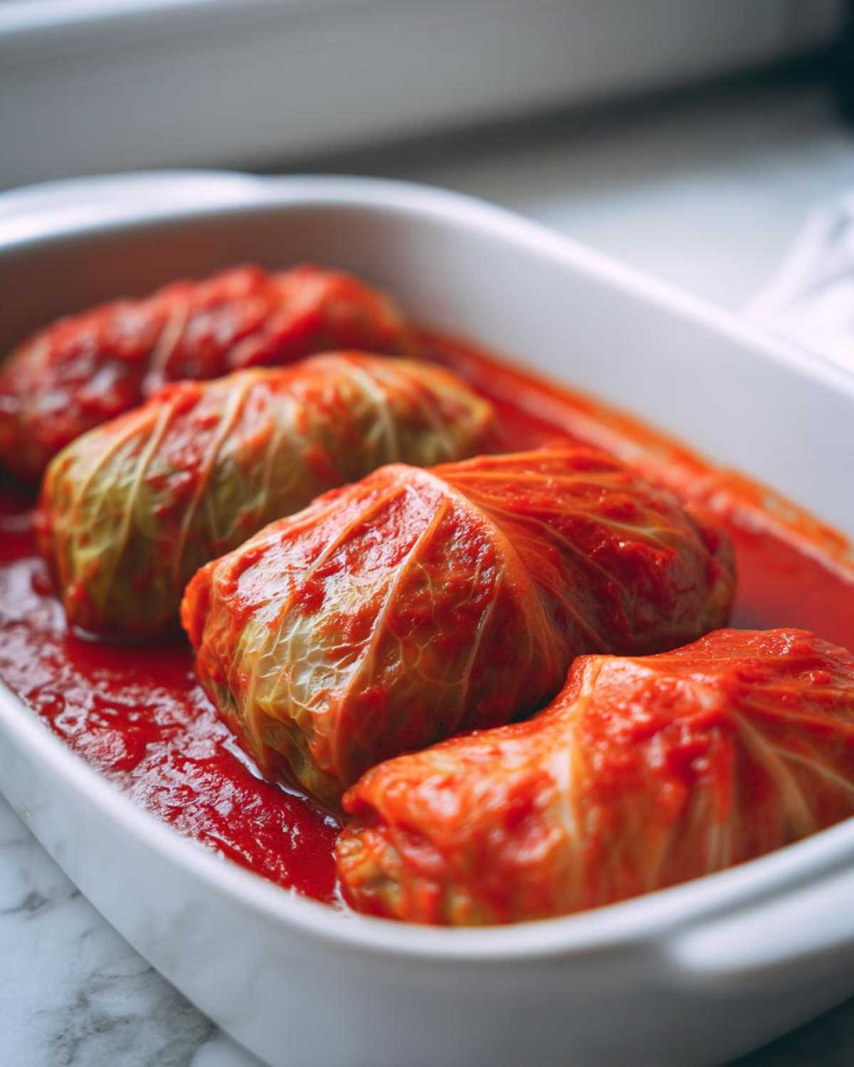 Four uncooked cabbage rolls nestled in a white baking dish covered in bright red tomato sauce.