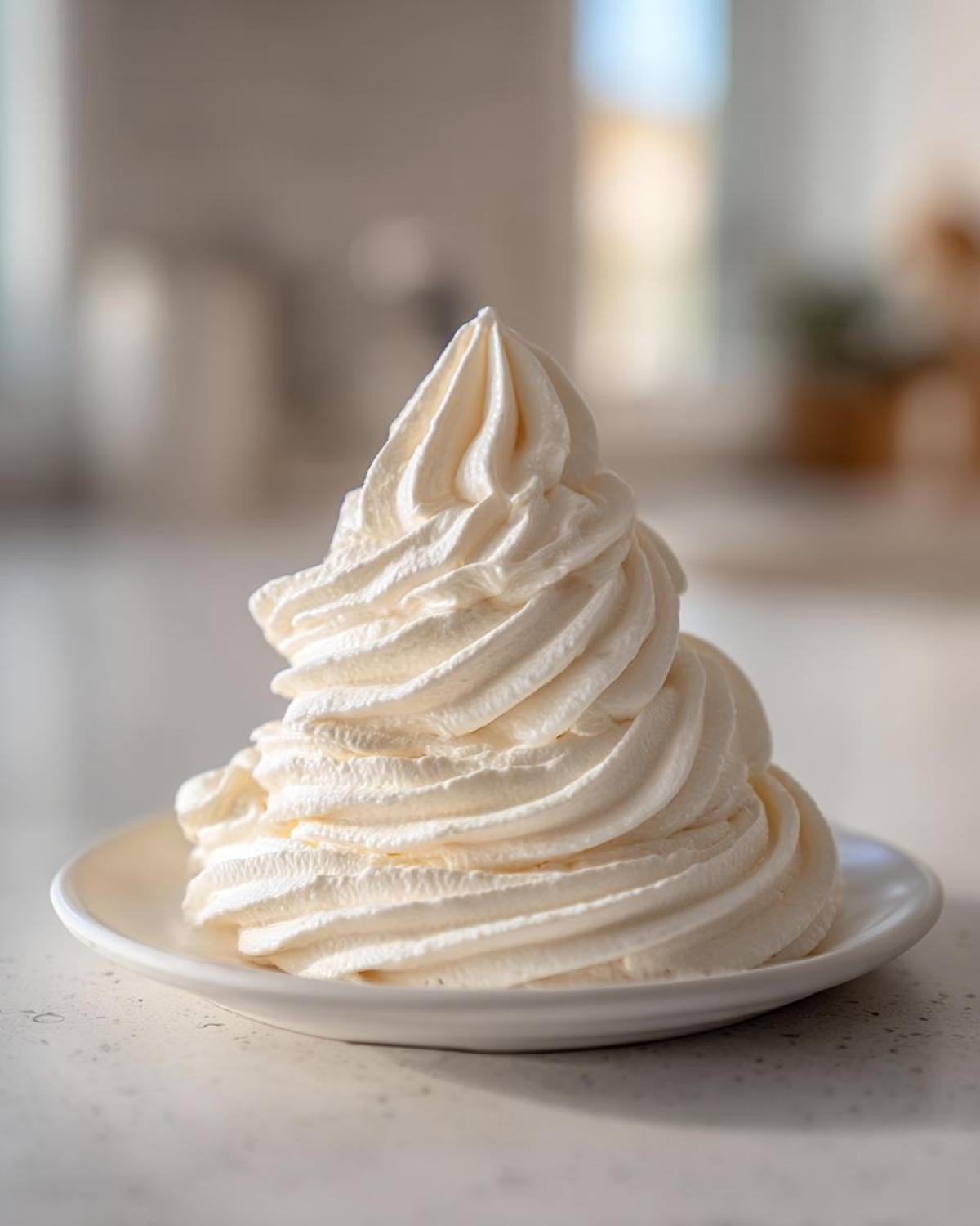 A tall, perfectly piped swirl of creamy vanilla buttercream frosting resting on a small white plate.
