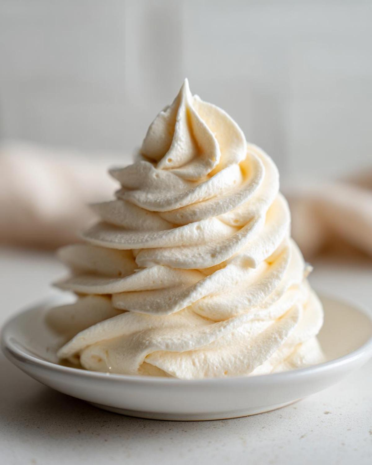 Close-up of a tall, perfectly piped swirl of creamy vanilla buttercream frosting on a small white dish.