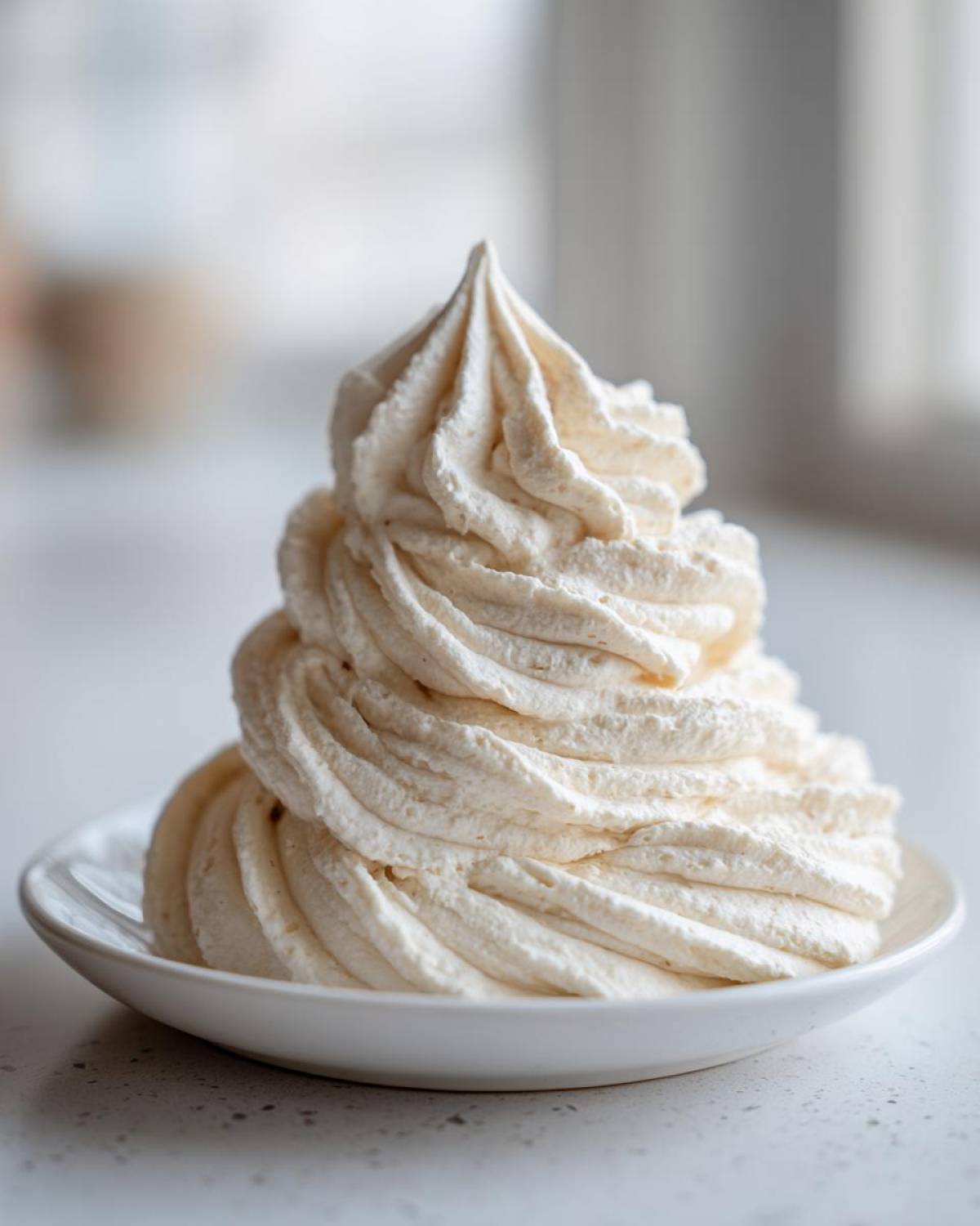 A tall, beautifully piped swirl of creamy vanilla buttercream frosting sitting on a small white saucer.