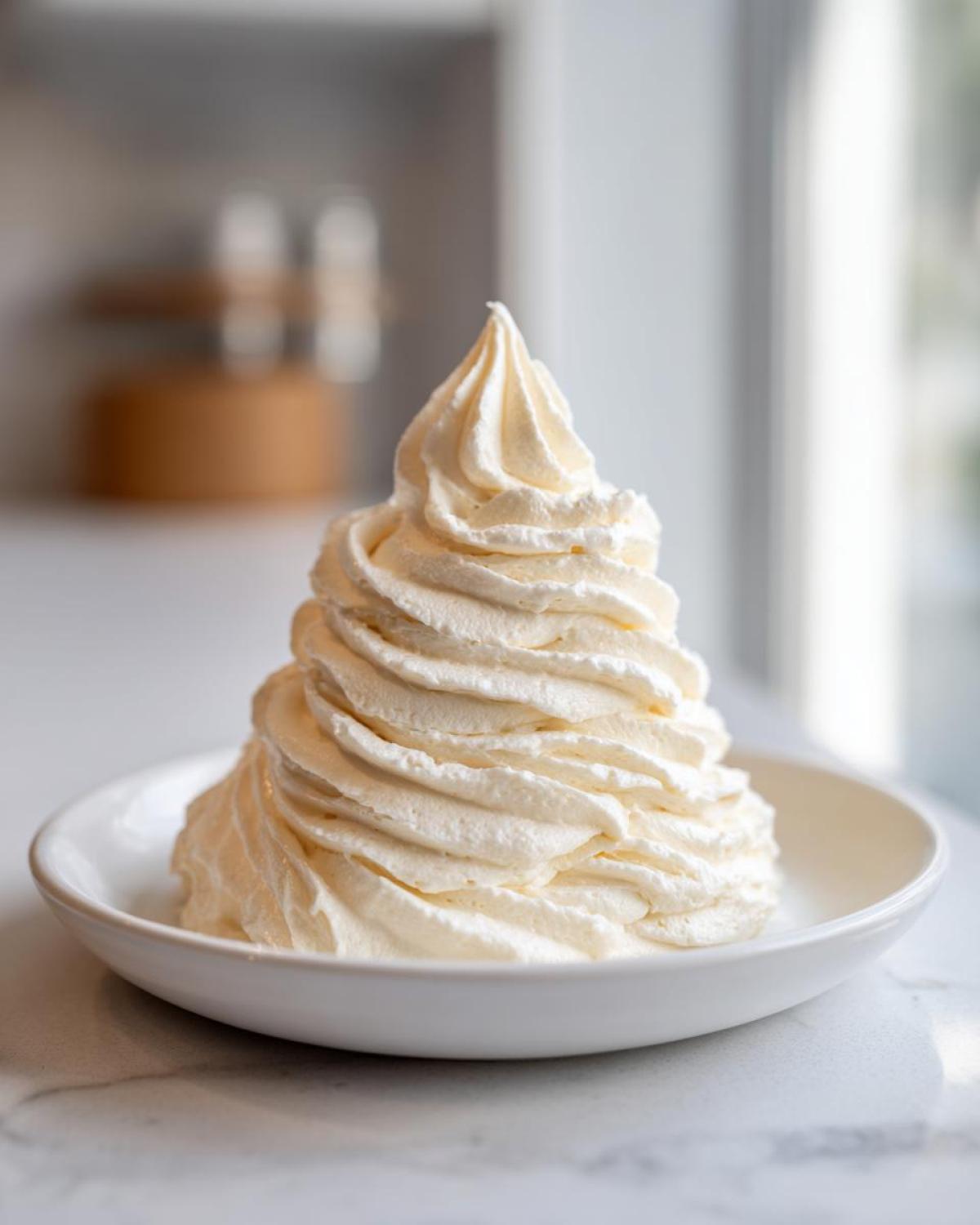 A tall, perfectly piped swirl of creamy vanilla buttercream frosting in a white bowl.
