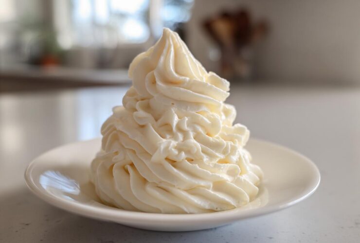 A tall, perfectly piped swirl of creamy vanilla buttercream frosting on a small white saucer.