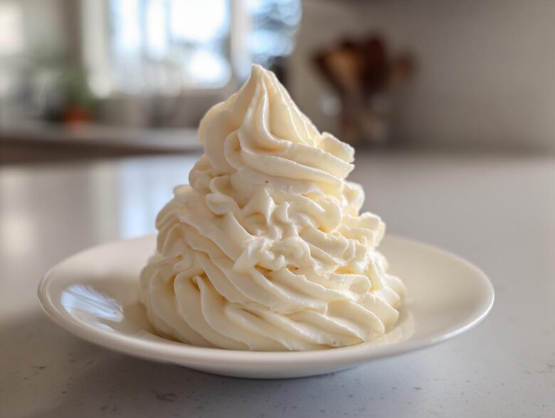 A tall, perfectly piped swirl of creamy vanilla buttercream frosting on a small white saucer.