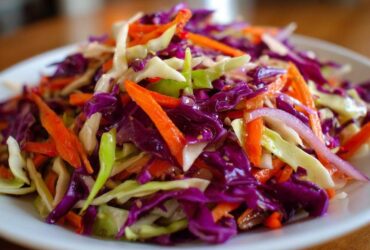 Close-up of a vibrant cabbage salad featuring shredded red cabbage, green cabbage, and bright orange carrots.