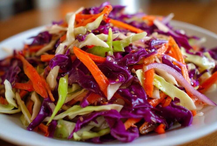 Close-up of a vibrant cabbage salad featuring shredded red cabbage, green cabbage, and bright orange carrots.